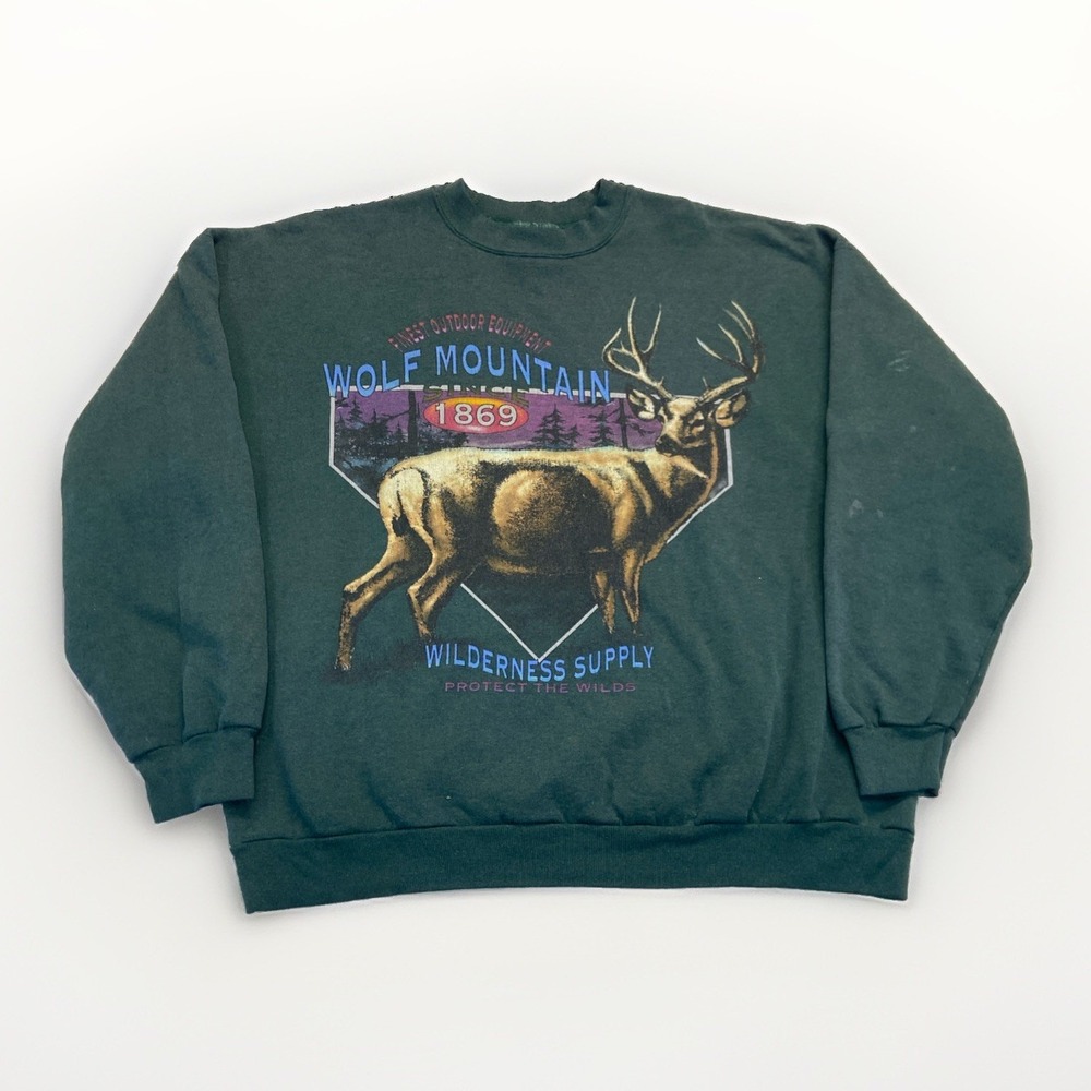 Vintage Wolf Mountain Sweatshirt Mens XL Green Wilderness Supply Deer Buck USA